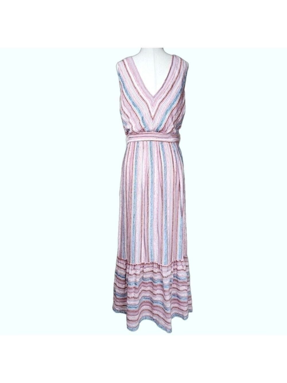 Sleeveless Striped Tiered Wrap Style Belted Velvet Maxi Dress w Pockets 8 - Picture 9 of 13